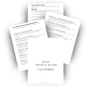 A preview of the Blog, Brand & Bloom course workbook, featuring eight guided modules to help creatives and Etsy sellers define their brand, plan content, and grow their website calmly and confidently.