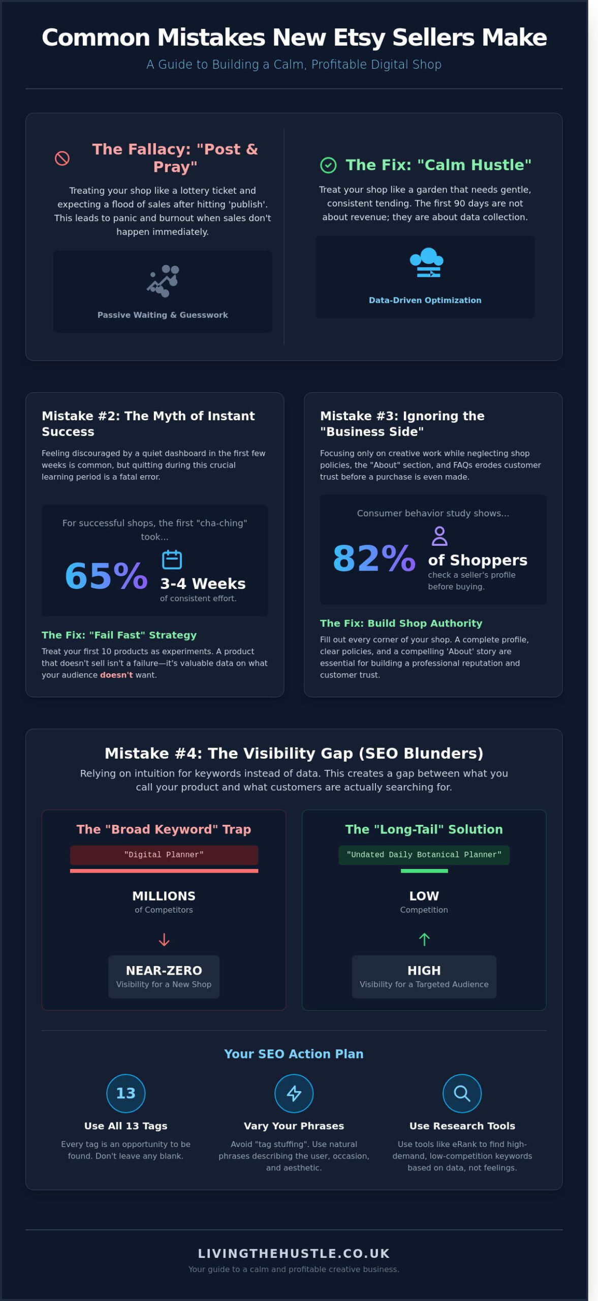 15 Common Mistakes New Etsy Sellers Make in 2026 (And How to Avoid the Burnout) - Infographic